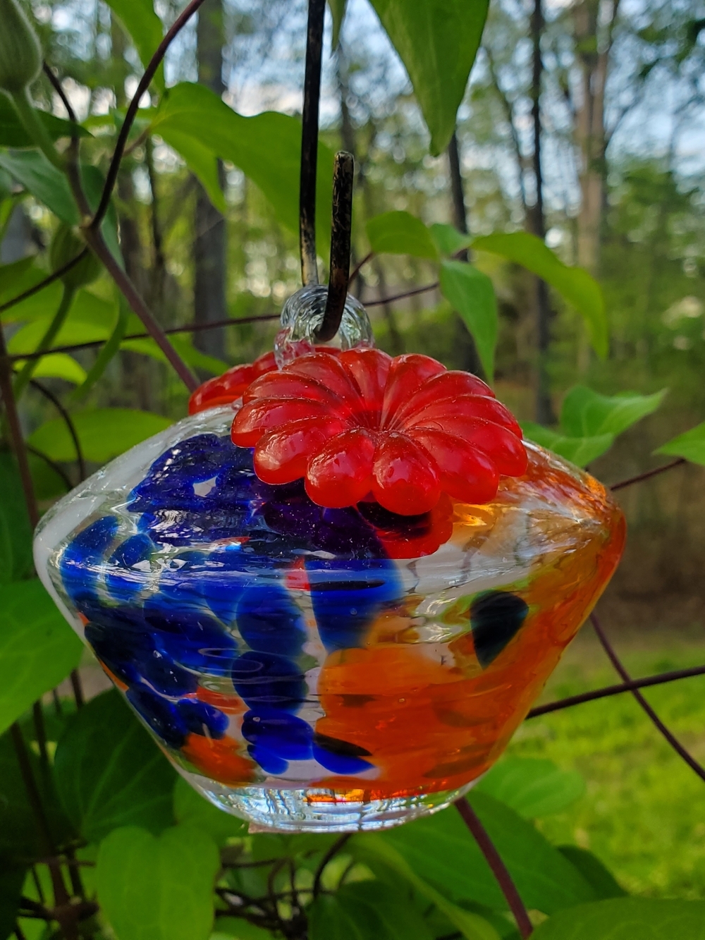 Humming Bird Feeder Glass Garden Ornament - Red Top with Blue & Orange Swirls